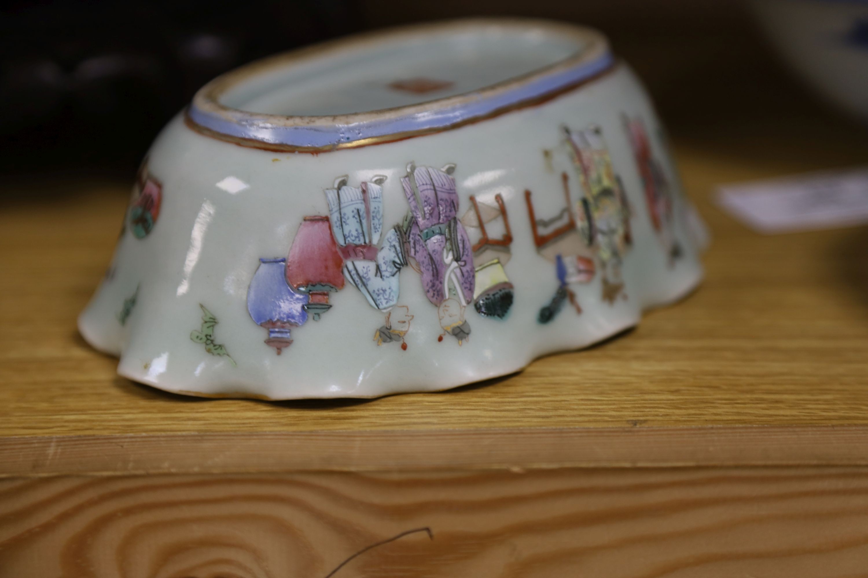 A large early 20th century Chinese cloisonné enamel ‘dragon’ bowl and two Chinese Tongzhi celadon ground famille rose bowls 31cm